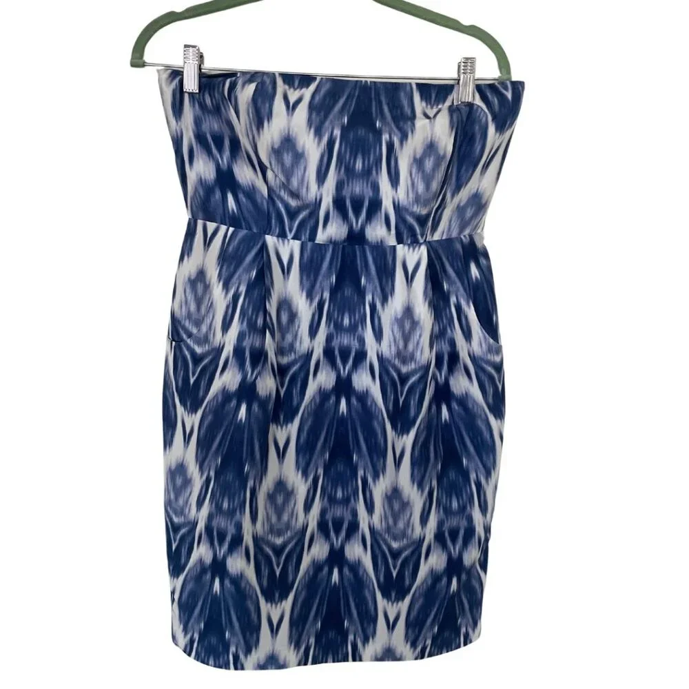 J. Crew Collection Silk Strapless Sheath Dress Sz 4 Blue Ikat 90's